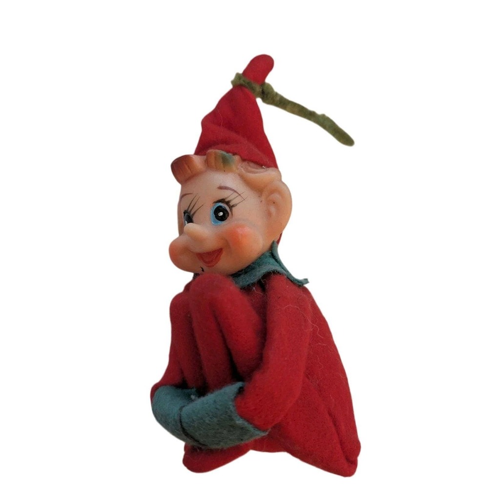 Vintage Hugging Knee Christmas Elf Pixie Ornament Red Green Felt 1960s 9 Inch